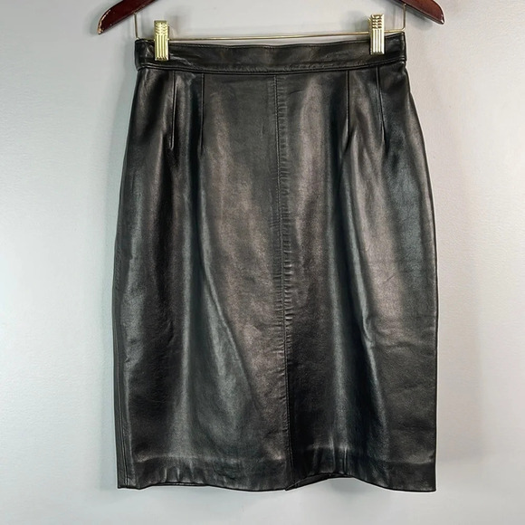 VINTAGE Neto 90s Leather Pencil Skirt Black Buttery Soft Back Slit Size 28 - Picture 11 of 11